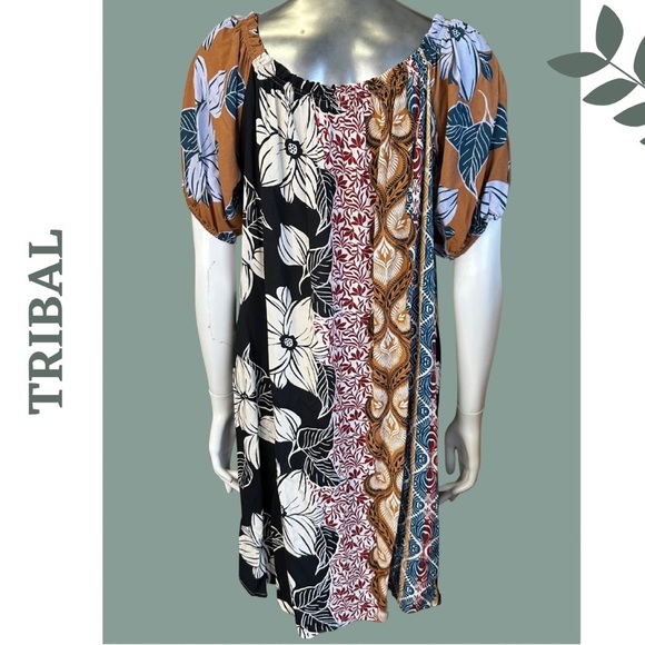 Tribal Dress With Bubble Sleeves Swimsuit Cover Up Black Brown Blue - Picture 8 of 8